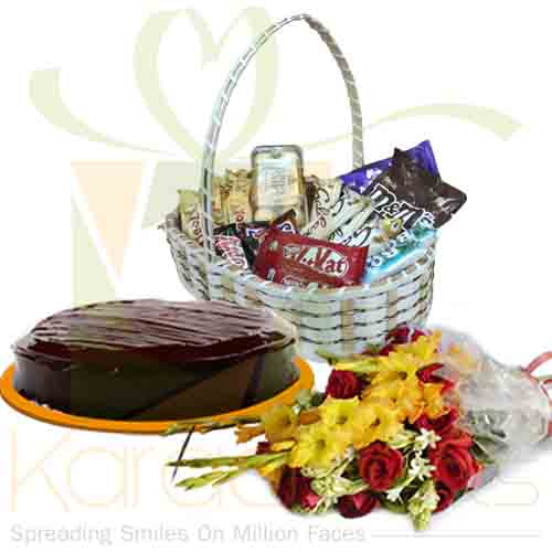 Large Choc Basket With Cake And Flowers