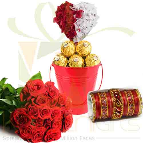 Ferrero Bucket With Choori And Roses