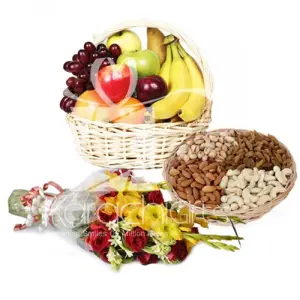 Flowers with Fruit Baskets and Dry Fruits 