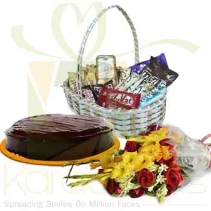 Large Choc Basket With Cake And Flowers