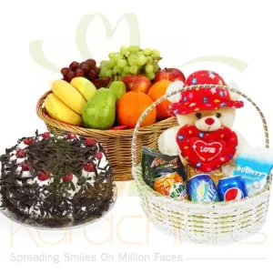 Fruits And Cake With Teddy Basket