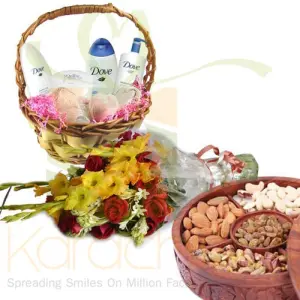 Dove Basket, Flowers And Dry Fruits