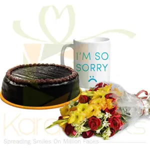 Sorry Mug, Cake And Flowers