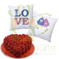 Love Cushion Pair With Heart Rosette Cake