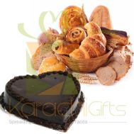 Bread Basket With Heart Shape Chocolate Cake