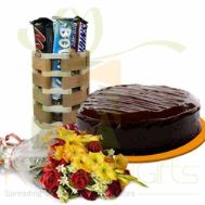 Bouquet With Cake And Sweet Bucket