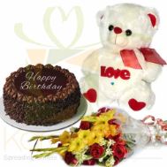Birthday Cake Love Teddy With Flowers